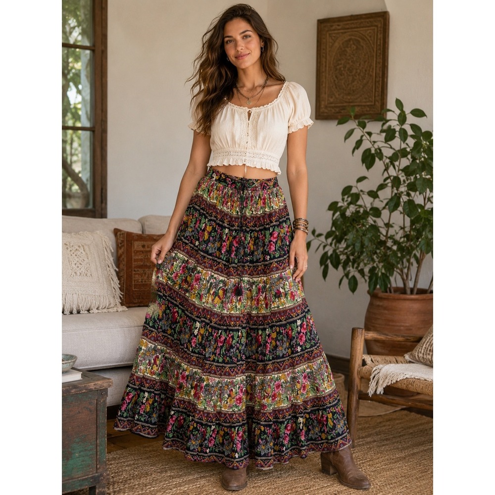 Just Class Vintage India Cotton Floral Boho Tiered Peasant Skirt M